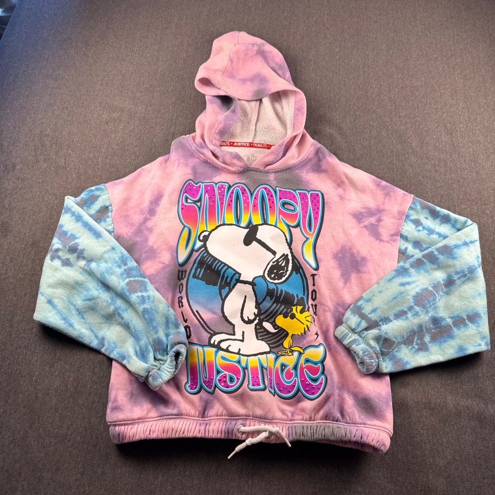 Justice Peanuts Snoopy World Tour Tie Dye Hoodie Rhinestone Kids Medium Pink
